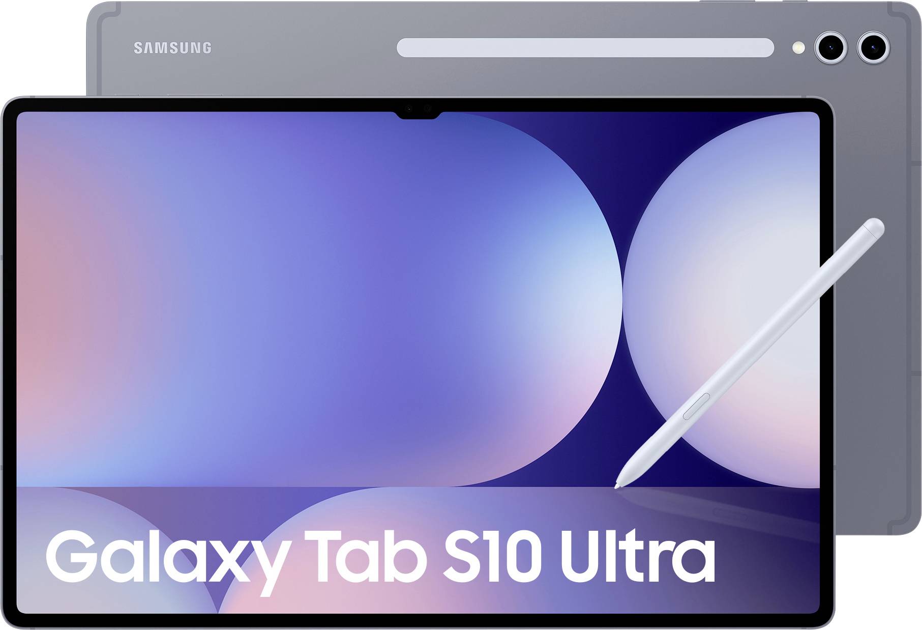 Vorder- und Rückansicht eines Galaxy Tab S10 Ultra mit Stylus, das ein farbenfrohes Display zeigt. Das Logo 'Samsung' befindet sich auf der Rückseite.