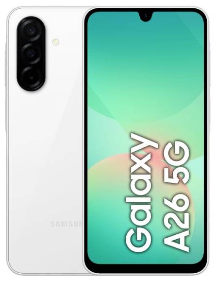 Samsung Galaxy A26 5G Smartphone mit dreifacher Rückkamera und einem Frontbildschirm, der den Text "Galaxy A26 5G" auf einem Türkisfarbenen Hintergrund anzeigt.