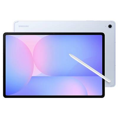 Ein Tablet mit einem blauen und rosa Bildschirm, begleitet von einem Stylus. Auf der Rückseite des Tablets befindet sich eine Kamera in der Ecke.