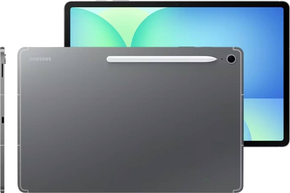 Eine graue Tablette mit einem Stylus liegt teilweise vor einer schwarzen Tablette mit einem Bildschirm, der ein helles geometrisches Muster in Grün und Blau zeigt.