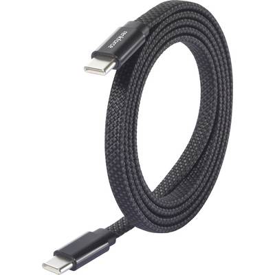 Ein spiralförmiges schwarzes geflochtenes USB-C zu USB-C Kabel mit Metallsteckern, entwickelt für Laden und Datentransfer.