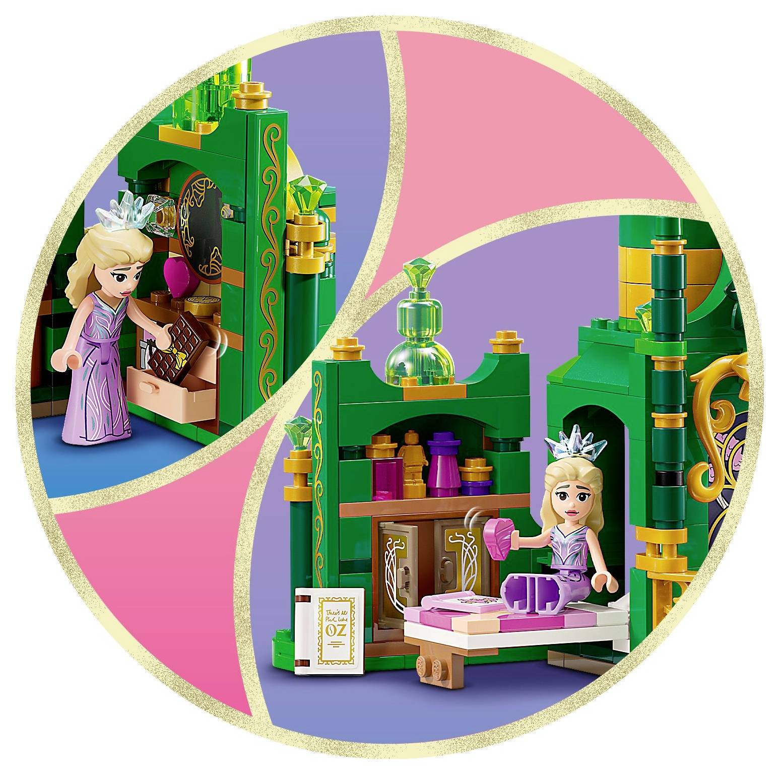 Spielset mit einer Prinzessinfigur in einem rosafarbenen Kleid mit einer Krone, umgeben von grün-goldenen Elementen. Die Prinzessin interagiert mit Requisiten wie einem Trank und einem Bett, was auf ein magisches oder Fantasy-Thema hindeutet.