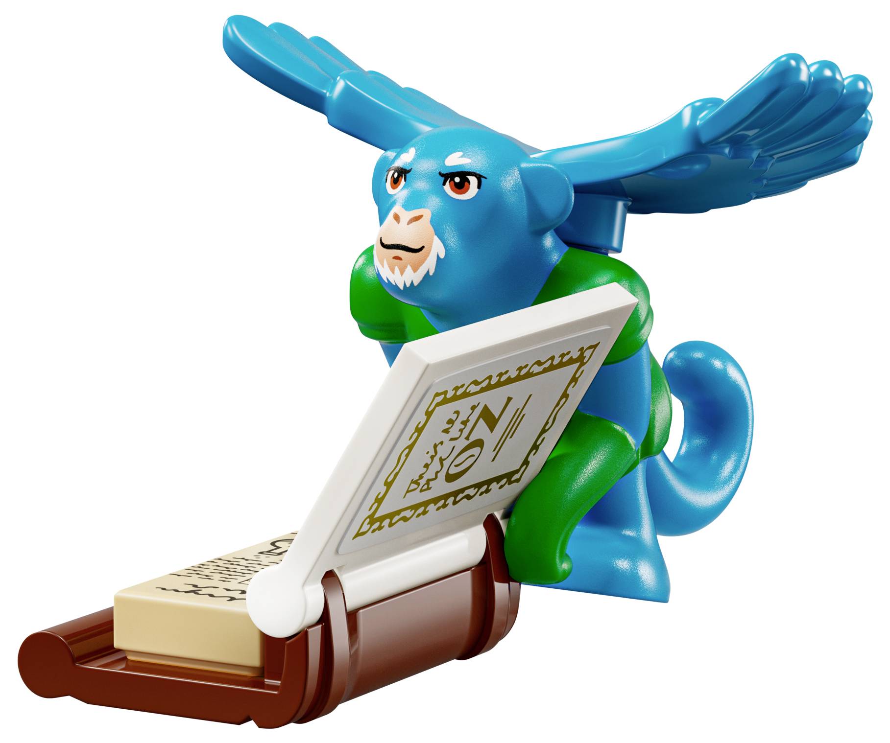 Eine blaue Flügelaffe mit einem intensiven Ausdruck kauert über einem geöffneten mystischen Buch und deutet damit auf ein magisches oder Fantasy-Thema hin.