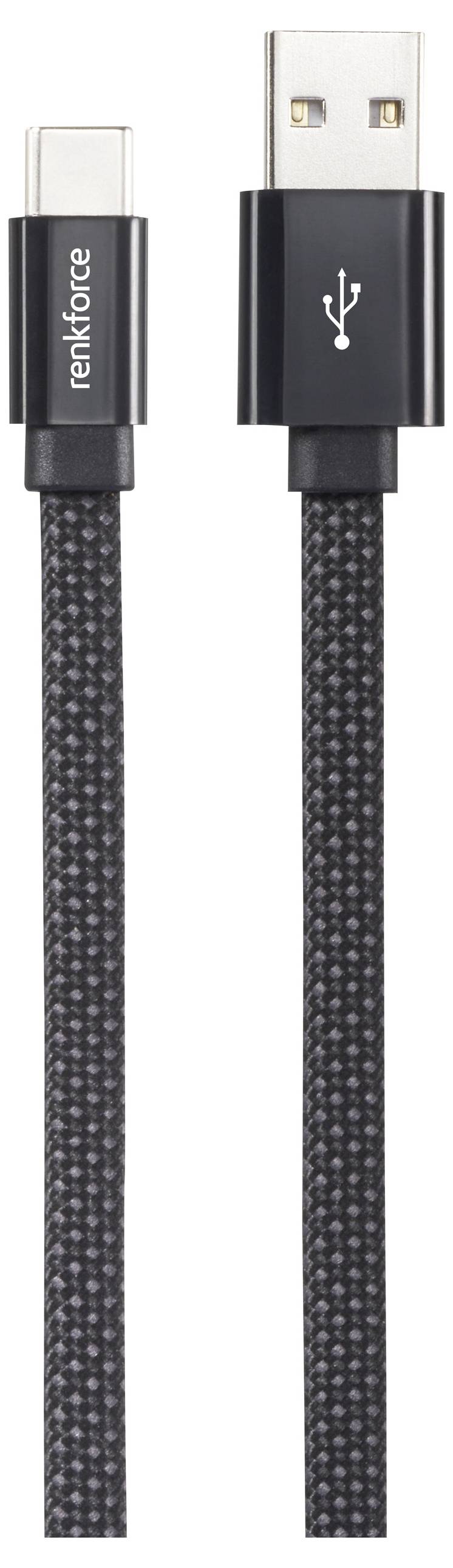 Ein schwarzes geflochtenes Kabel mit USB-C- und USB-A-Steckern, mit dem Etikett „renkforce", zum Anschluss von Geräten, vor einem weißen Hintergrund dargestellt.