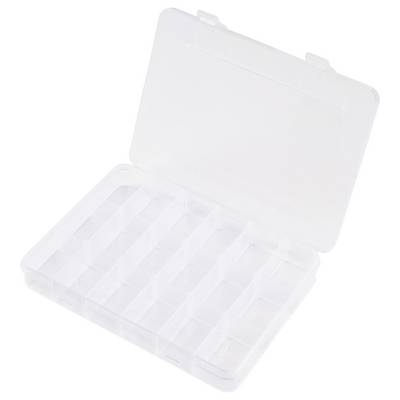 Eine transparente Kunststoff-Aufbewahrungsbox mit mehreren kleinen Fächern und einem offenen Deckel, die zum Sortieren von kleinen Gegenständen entwickelt wurde.