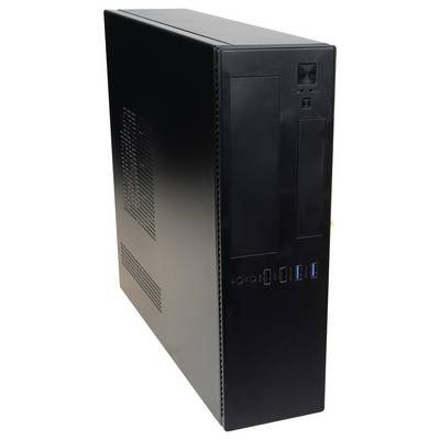 Ein schlanker, schwarzer Desktop-Computerturm mit sichtbaren Anschlüssen für Audio, USB und Strom auf dem Frontpanel.