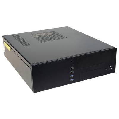 Ein schwarzes Desktop-Computergehäuse mit frontseitigen USB-Anschlüssen, Einschaltknopf und Belüftung auf der Oberseite, entwickelt zur Aufnahme von Computerkomponenten.