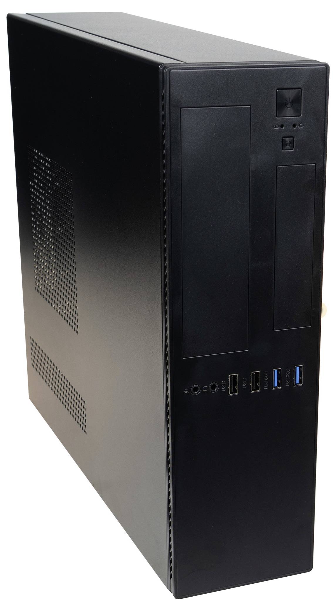 Ein schwarzer, vertikal stehender Desktop-Computerturm mit USB-Anschlüssen und Laufwerkschächten auf der Frontseite.