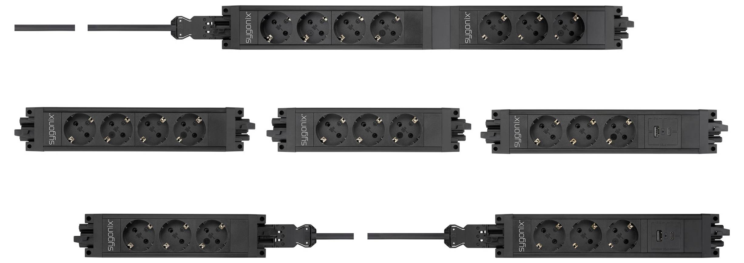 Fünf schwarze Mehrfachsteckdosen mit verschiedenen Eingangs-Steckerformaten und Ausrichtungen, in zwei Reihen angeordnet.