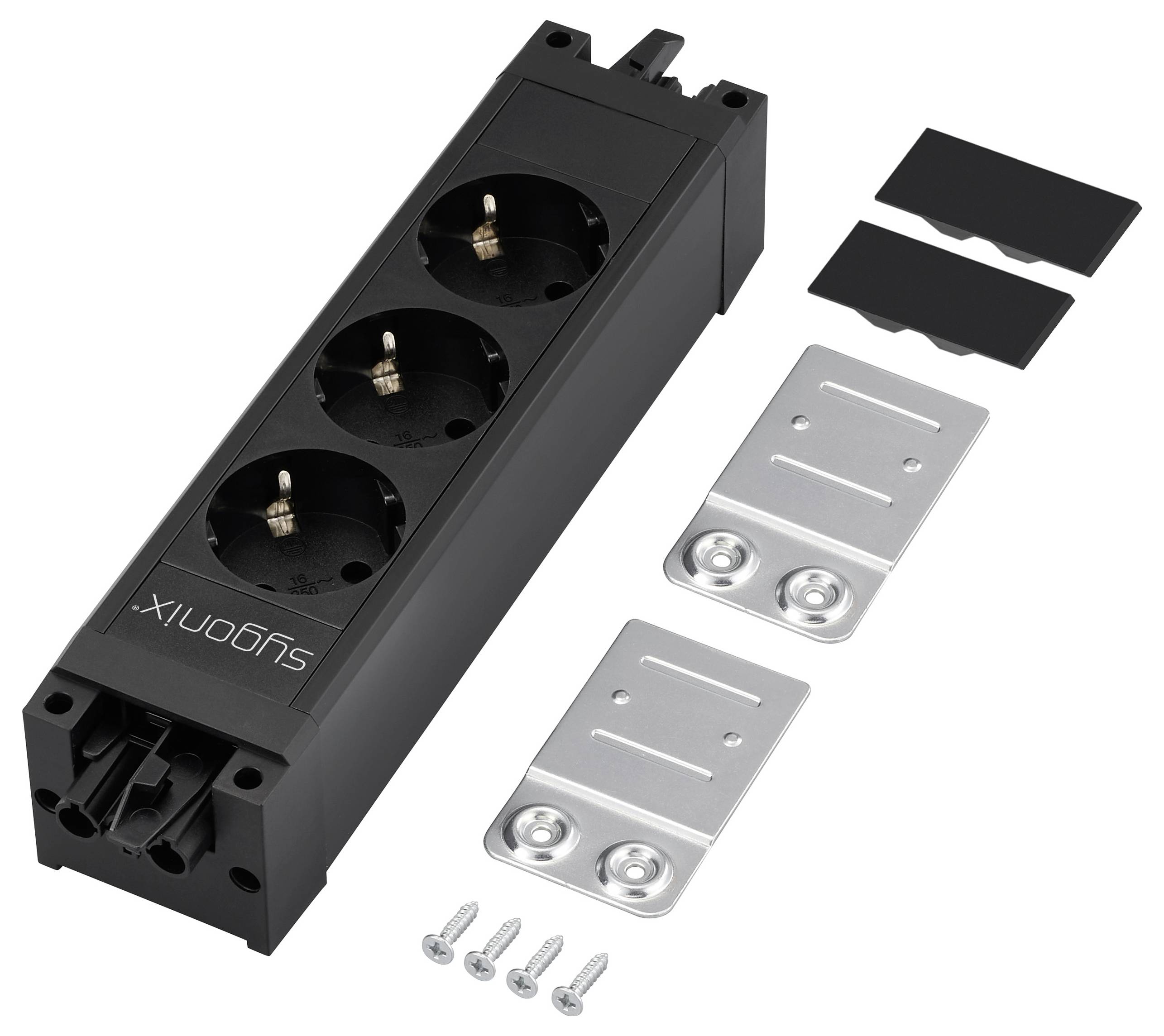 Elektrische Steckdosenleiste mit drei Steckdosen, Befestigungsklammern und Schrauben.