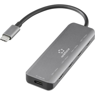 Ein kompakter USB-C-Hub mit fünf USB-C-Anschlüssen, beschriftet für verschiedene Leistungsausgänge und Datenübertragungsraten, und verbunden durch ein kurzes Kabel.