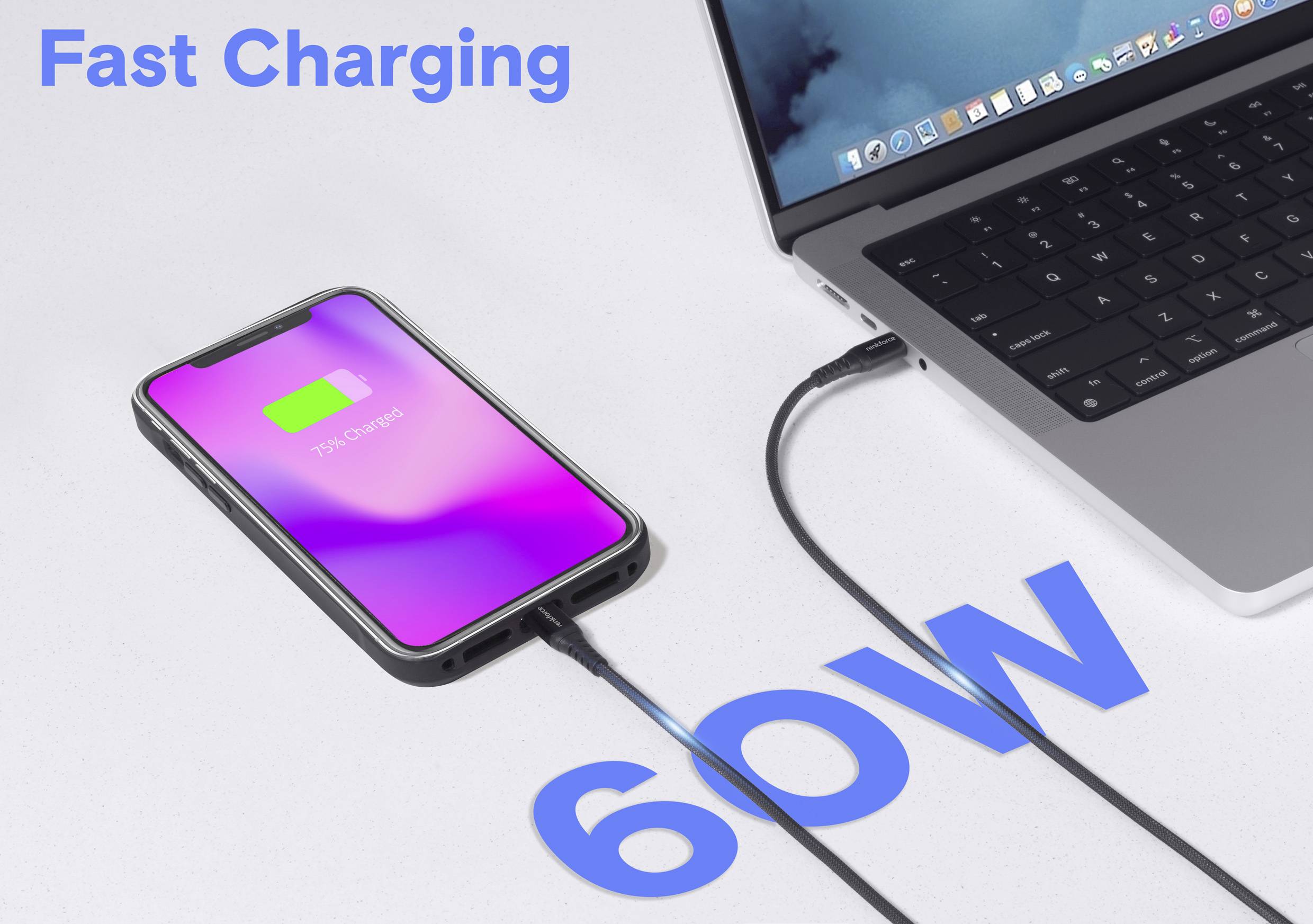 Ein Smartphone, das mit einem Kabel mit einem Laptop verbunden ist und "75% geladen" anzeigt. Die Worte "Schnellladung 60W" sind in der Nähe positioniert.