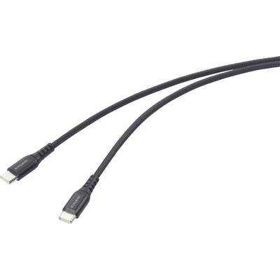Ein schwarzes geflochtenes USB-C zu USB-C Kabel mit Anschlüssen an beiden Enden, verwendet zum Laden und Datenübertragung zwischen kompatiblen Geräten.