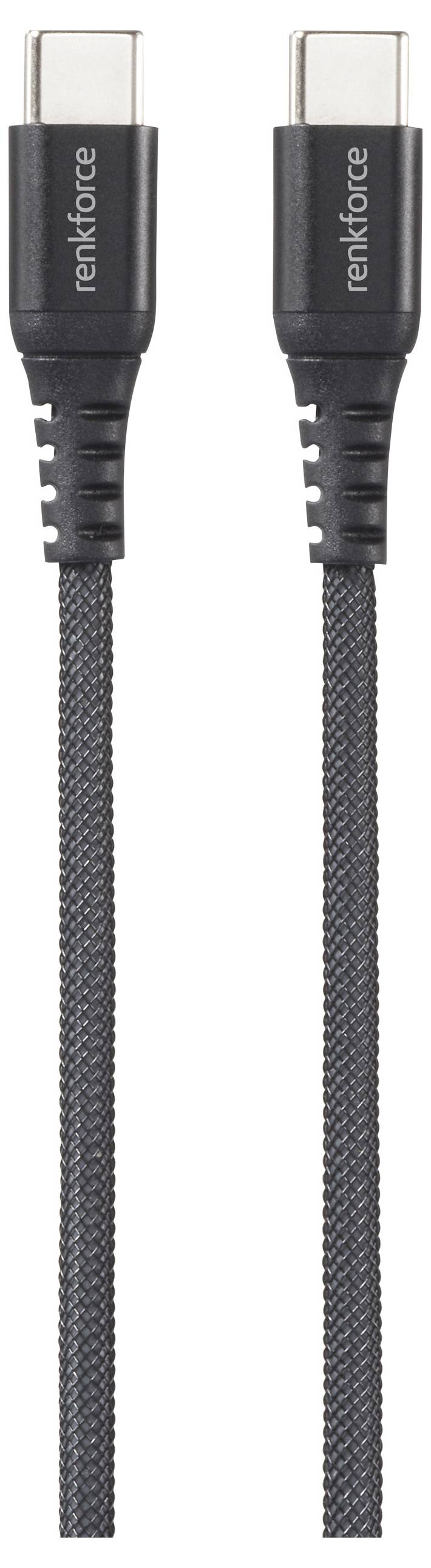 Zwei schwarze USB-C-Kabel nebeneinander, jedes mit einer strukturierten Oberfläche und mit der Aufschrift „renkforce" in der Nähe des Anschlusses.