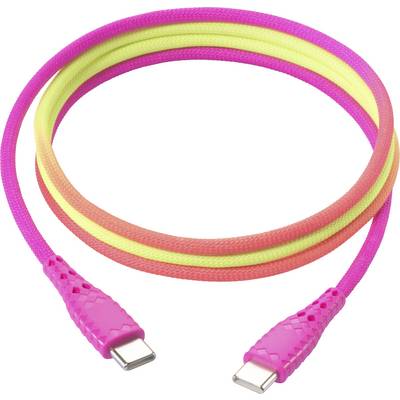 Ein USB-C-Kabel in leuchtenden Farben mit Rosa-, Gelb- und Orangetönen, ordentlich aufgewickelt, wobei beide Anschlüsse deutlich sichtbar sind.