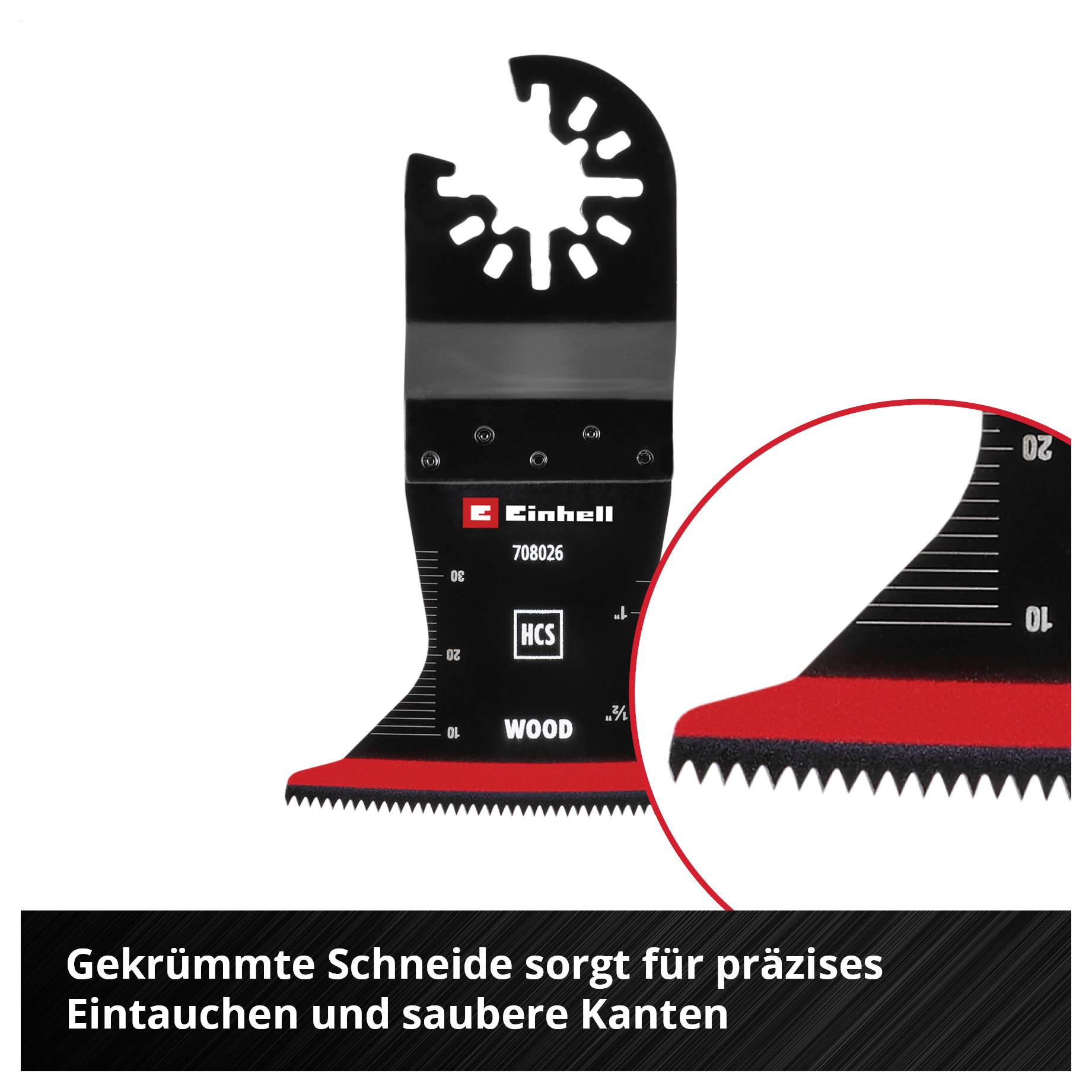 'Einhell Sägeblatt mit gekrümmter Schneide für präzises Eintauchen. Detailaufnahme zeigt gezackte Kante. Geeignet für Holz.'