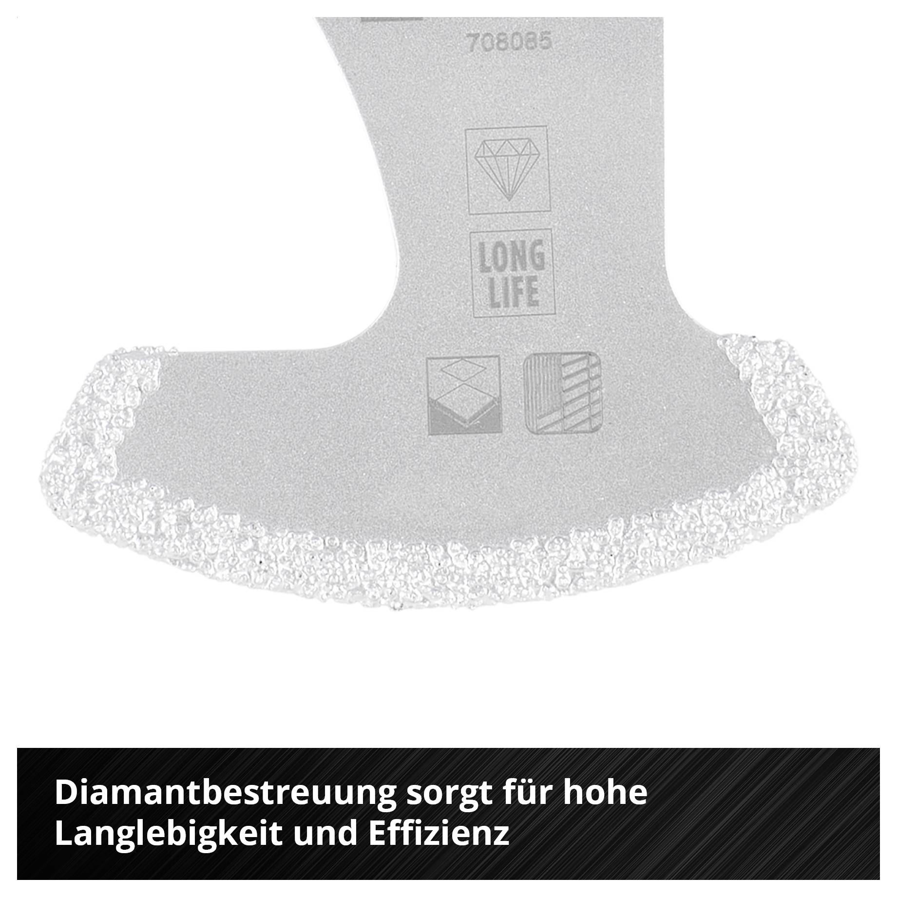 Diamantbesetzte Klinge für hohe Langlebigkeit und Effizienz bei Schneidearbeiten, inklusive Symbolen für Qualität und Langlebigkeit.