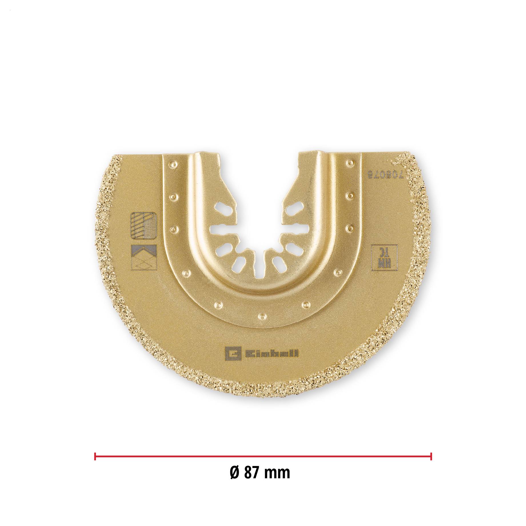 Ein halbkreisförmiges Hartmetall-Sägeblatt mit Lochmuster und einem Durchmesser von 87 mm, geeignet für Einhell-Werkzeuge.