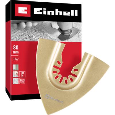 Produktverpackung für Einhell Multitool-Zubehör: ein dreieckiger Schleifaufsatz, 80 mm, für Holz- und Metallbearbeitung.