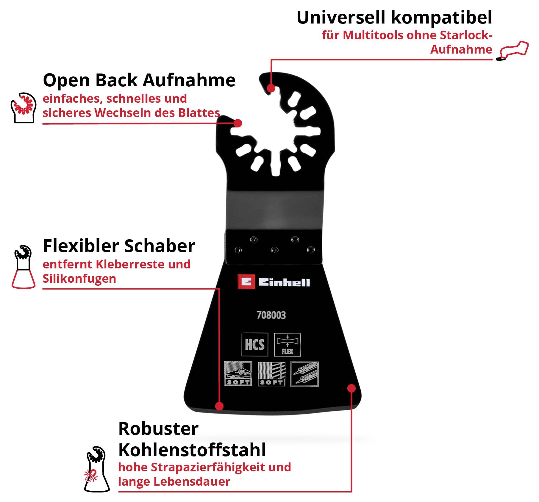 'Einhell' Klingenaufsatz für Multitools, universell kompatibel, leichter Wechsel, entfernt Klebereste, langlebiger Kohlenstoffstahl.