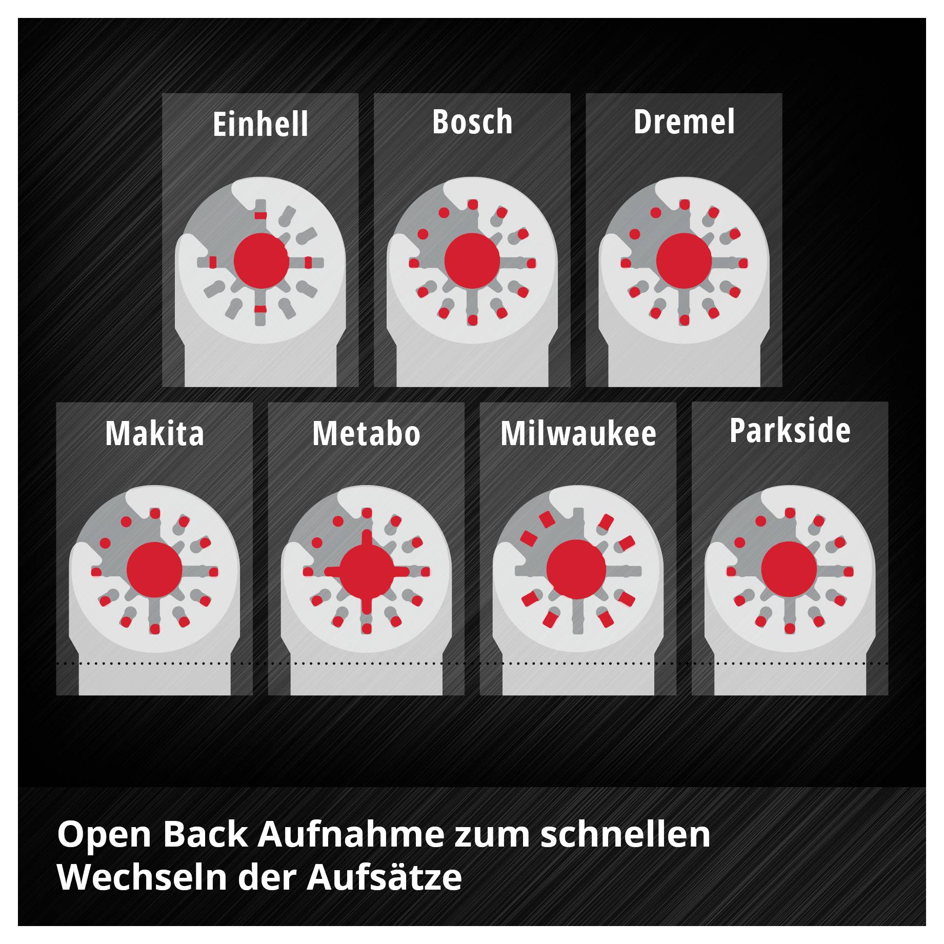 "Einhell", "Bosch", "Dremel", "Makita", "Metabo", "Milwaukee", "Parkside" Werkzeuge mit Aufnahmen zum schnellen Wechseln der Aufsätze.