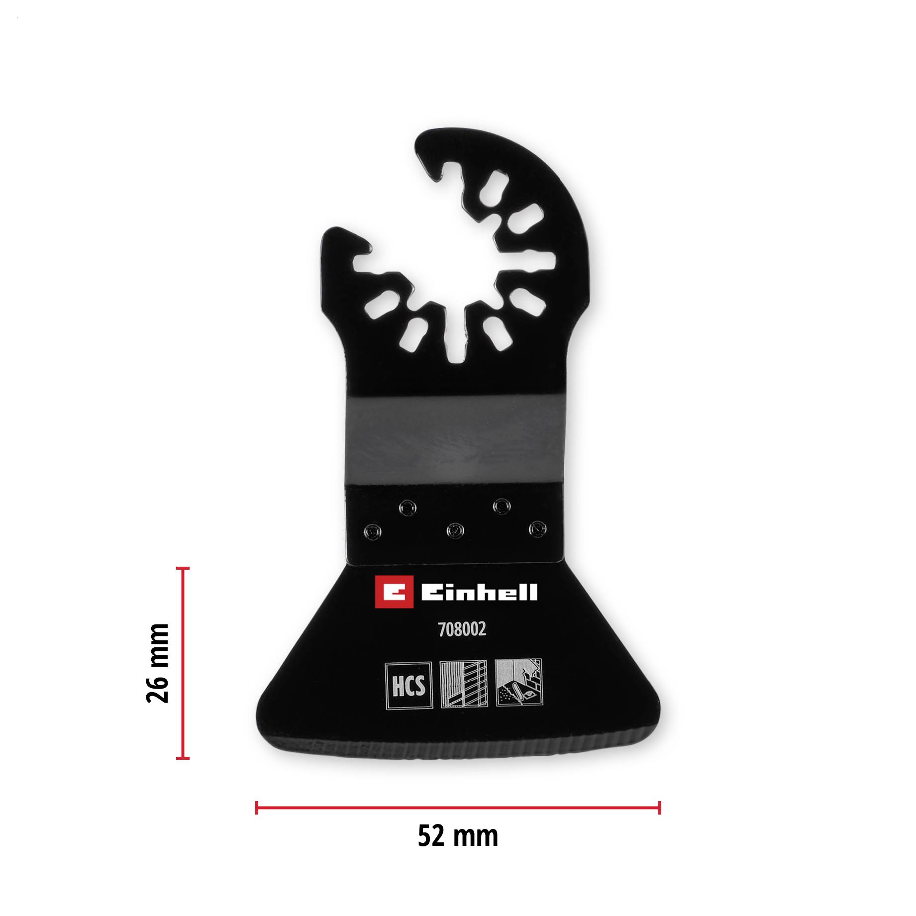Einhell Sägeblatt, schwarz, 52 mm Breite, 26 mm Höhe, HCS-Material, kantige Öffnungen, geeignet zum Schneiden von Holz.