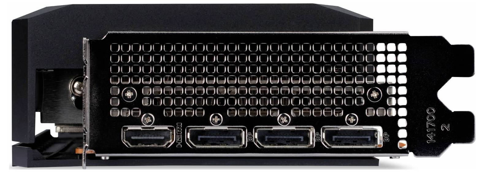 Die Abbildung zeigt die Rückansicht einer Grafikkarte mit vier Displayports und einem Lüftungsgitter.
