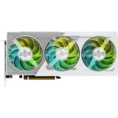 Eine Grafikkarte mit drei großen Lüftern, die jeweils mehrfarbige LED-Beleuchtung in Blau, Grün und Gelb aufweisen. Die Karte trägt die Markenbezeichnung 'ASRock'.