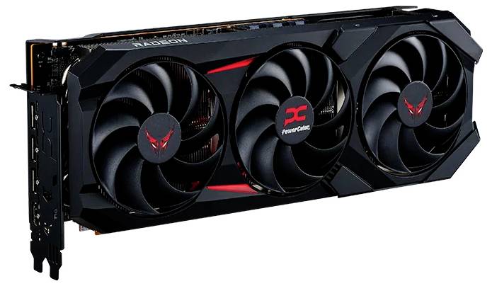 Eine schwarze Grafikkarte mit drei großen Lüftern, versehen mit roten und schwarzen Akzenten und einem 'PowerColor' Logo in der mittleren Lüfteröffnung.