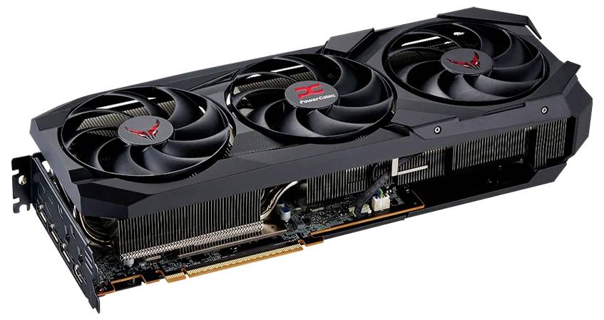 Eine schwarze Grafikkarte mit drei großen Kühlventilatoren, die ein stromlinienförmiges Design und sichtbare Komponenten aufweist, liegt auf ihrer Seite.