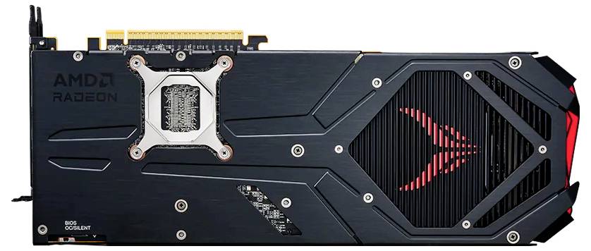 Eine leistungsstarke AMD Radeon Grafikkarte mit einem schwarz-roten Design, die die Kühlschlitze und elektronischen Anschlüsse hervorhebt.