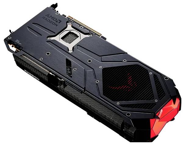 Eine schwarze AMD Radeon Grafikkarte mit prominentem roten Akzent und sichtbaren Kühlkomponenten, die ihr elegantes Design zur Geltung bringt.