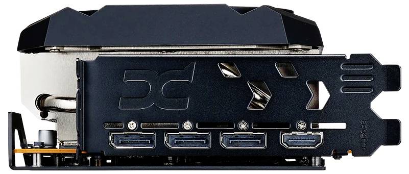 Eine schwarze Grafikkarte mit drei DisplayPort-Anschlüssen und einem HDMI-Anschluss auf dem Rückpanel, die die Konnektivitätsoptionen hervorhebt.