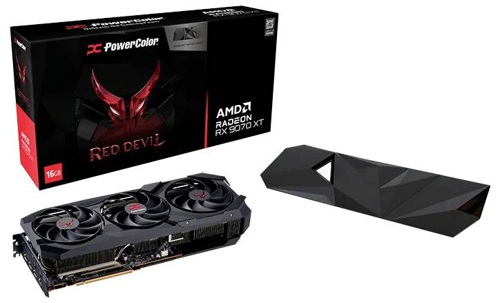 PowerColor Red Devil AMD Radeon RX 5700 XT Grafikkarte mit Dreifach-Lüfter-Kühlung und kantigem Gehäusedesign, neben ihrer Verpackung platziert.