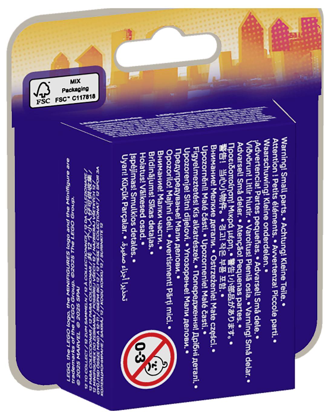 Rückseite einer Verpackungsschachtel mit einem FSC-Mix-Etikett in der oberen linken Ecke. Ein Altershinweissymbol '0-3' ist unten sichtbar. Helle Stadtlandschaftsdesign im oberen Bereich. Mehrere Sprachen listen Warnhinweise und Anweisungen auf.