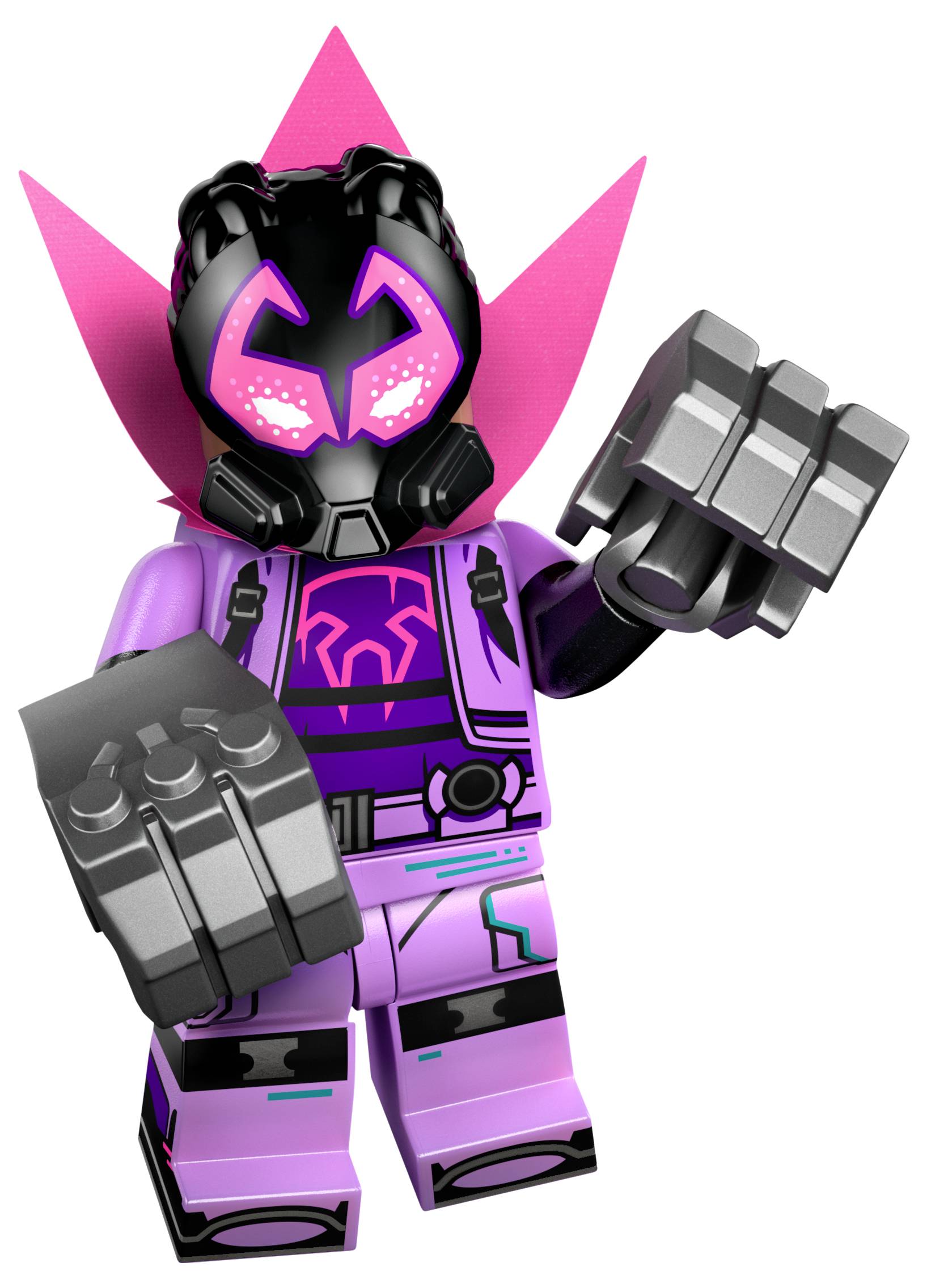 Eine lila und schwarze LEGO-Figur mit einem rosa Helm mit spitzen Designs, die Rüstung und klauenartige Handschuhe trägt, in einer dynamischen Pose.