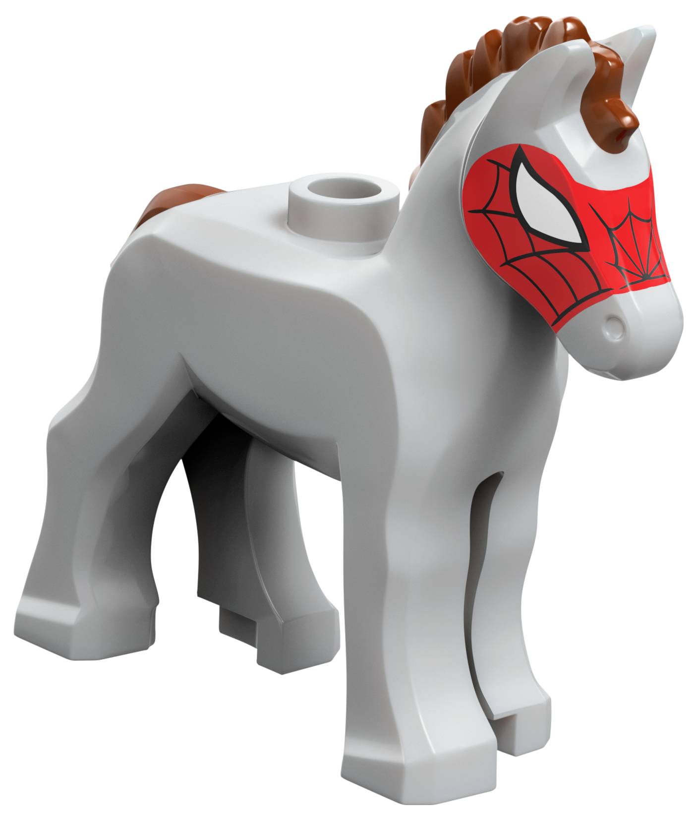 Ein Spielzeugpferd mit einem Spider-Man-Maskendesign auf seinem Gesicht, das rote und weiße Farben mit Spinnennetzmustern und großen Augen aufweist.