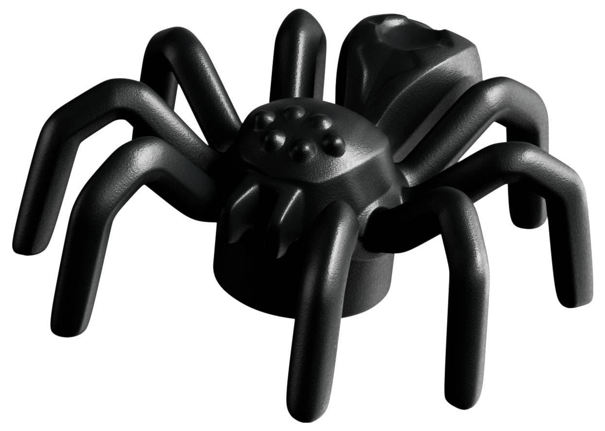 Ein schwarzer Spielzeugspinne mit abgerundeten Beinen und einem glatten, strukturierten Körper.