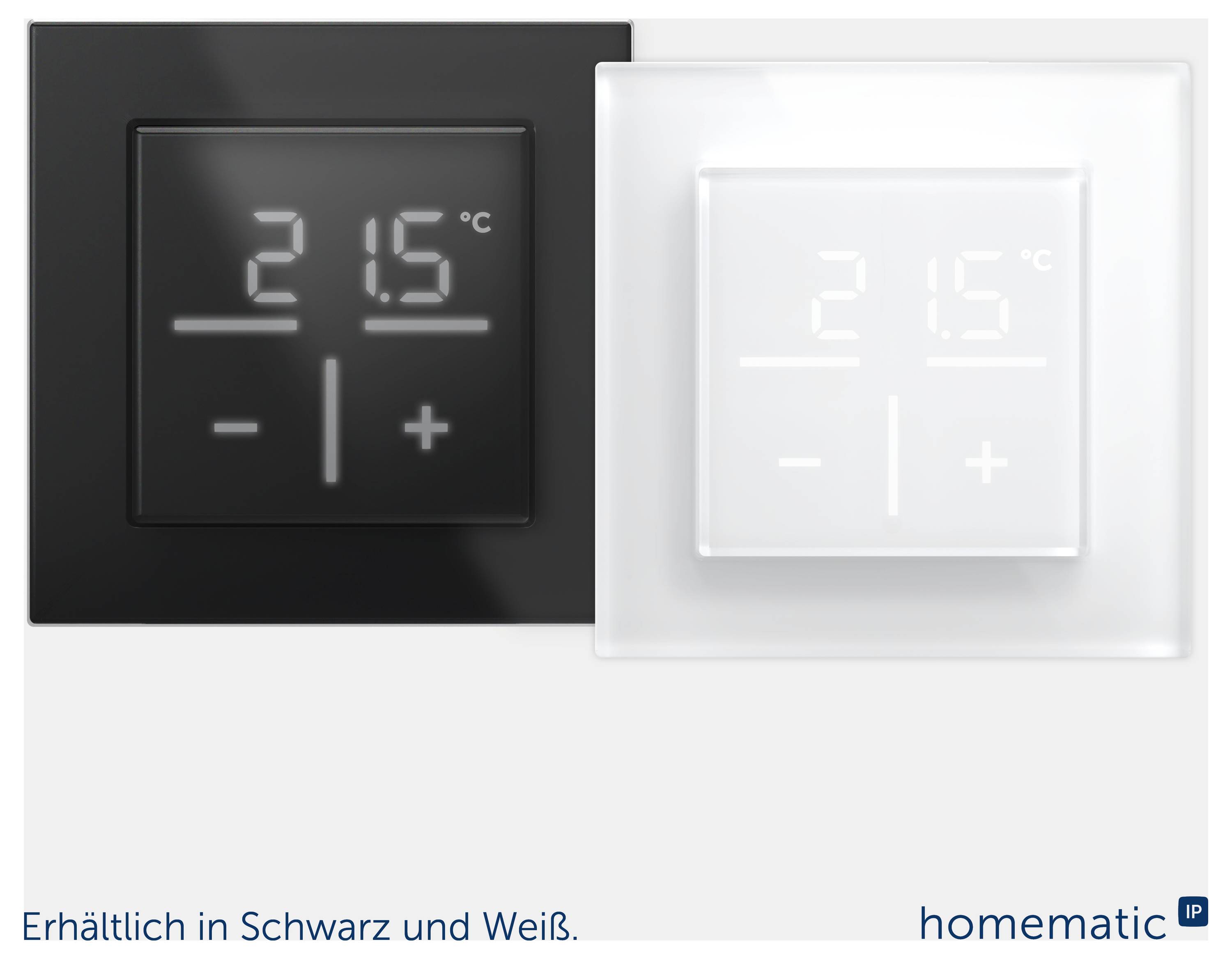 Zwei intelligente Thermostat-Touchpanels nebeneinander dargestellt, eines in Schwarz und eines in Weiß, beide zeigen 21,5°C mit Plus- und Minus-Steuerelementen an.