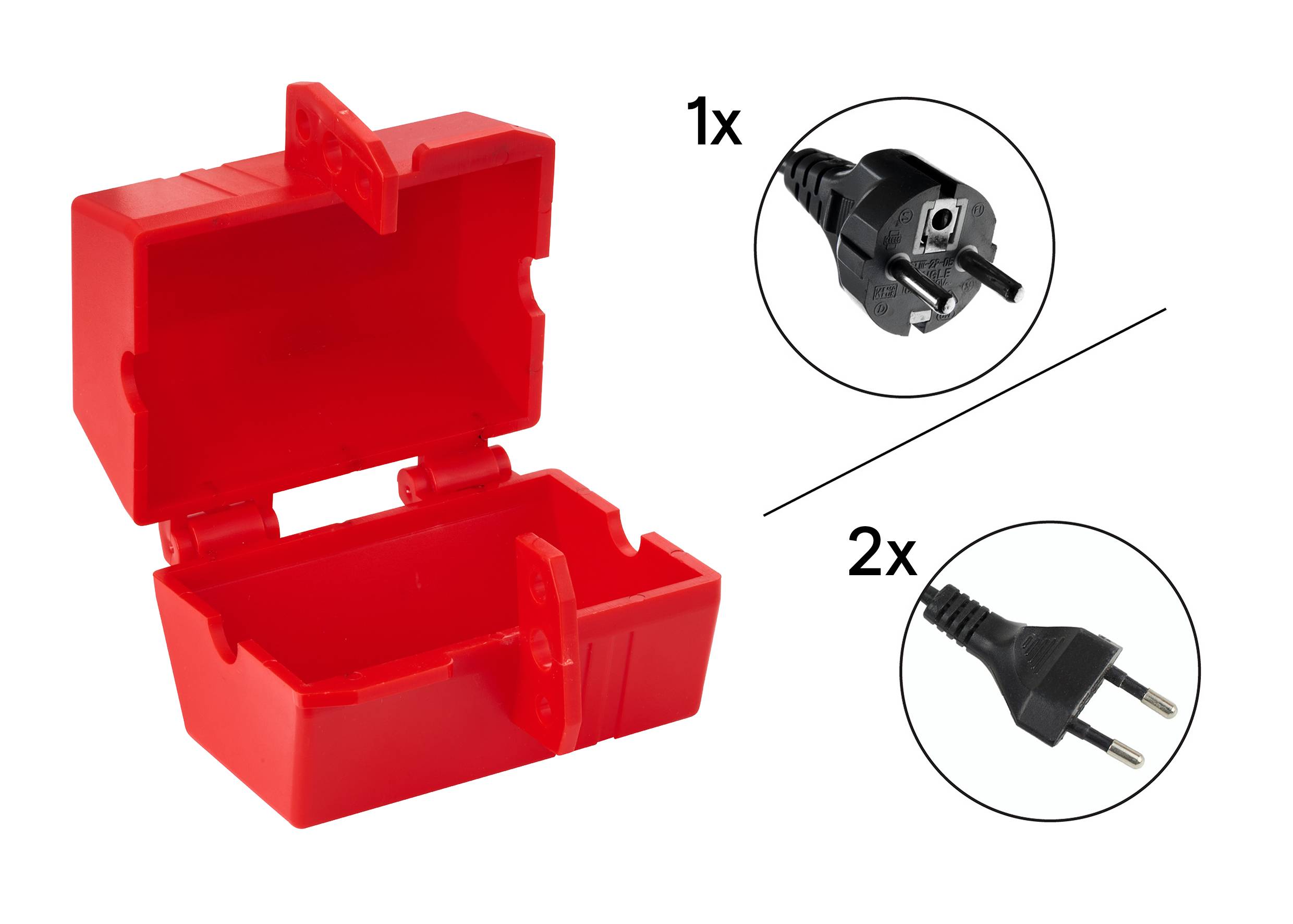 Rote Plastikbox geöffnet auf der linken Seite; rechts zeigt ein Bild einen Stecker mit drei Stiften, beschriftet mit '1x'; ein anderes Bild zeigt einen Stecker mit zwei Stiften, beschriftet mit '2x'.