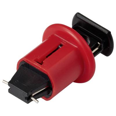 Ein roter und schwarzer elektrischer Drucktaster mit Metallstiften, der üblicherweise in Leiterplatten und elektronischen Projekten verwendet wird.