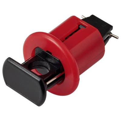 Ein rot-schwarzer Drucktaster, der für elektronische Geräte entwickelt wurde, mit Metallstiften zur Verbindung und einem rechteckigen Taster auf der Oberseite.