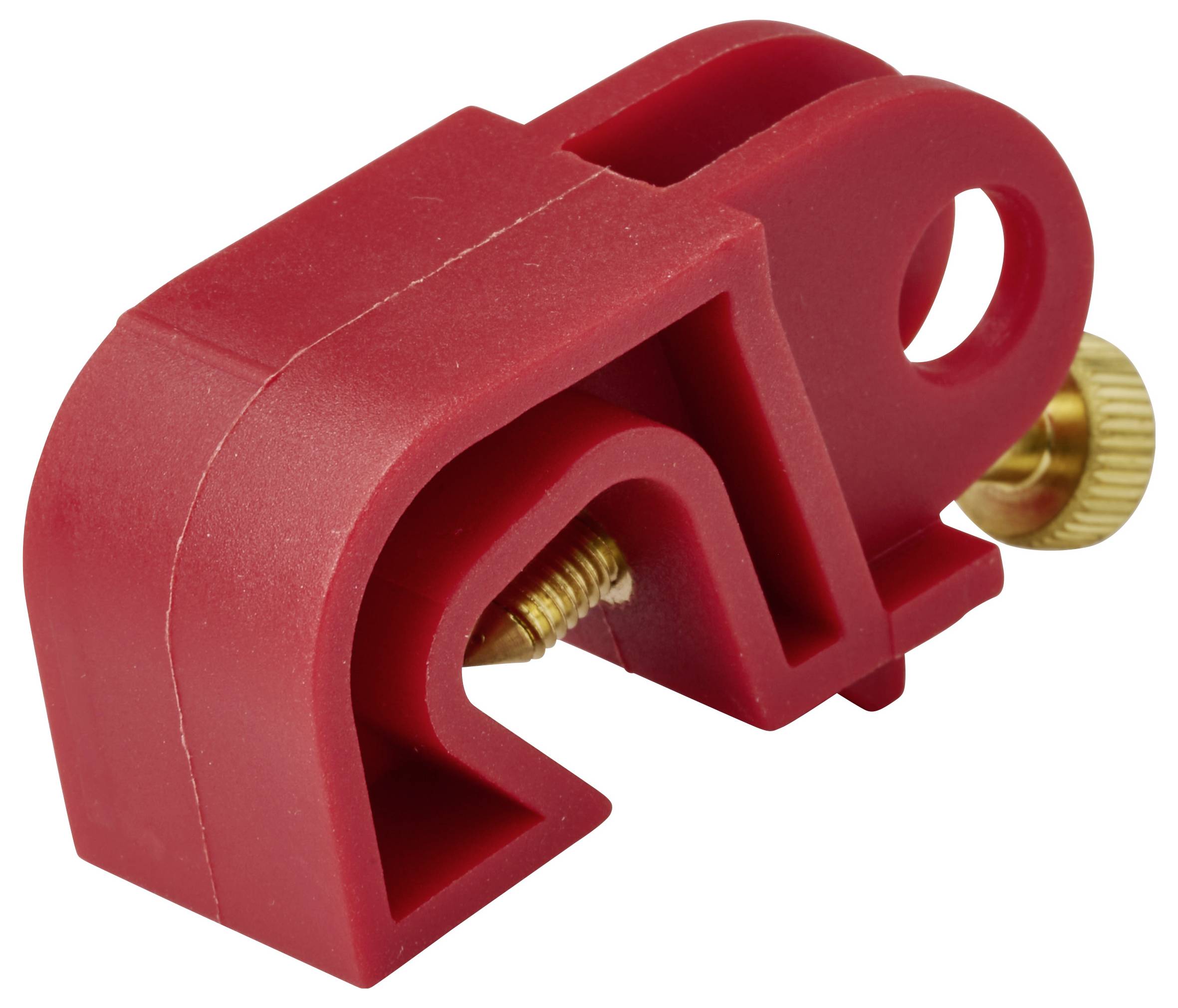 Ein rotes Plastikgerät mit einer gebogenen Form, das eine goldene Einstellschraube an seiner Seite aufweist.