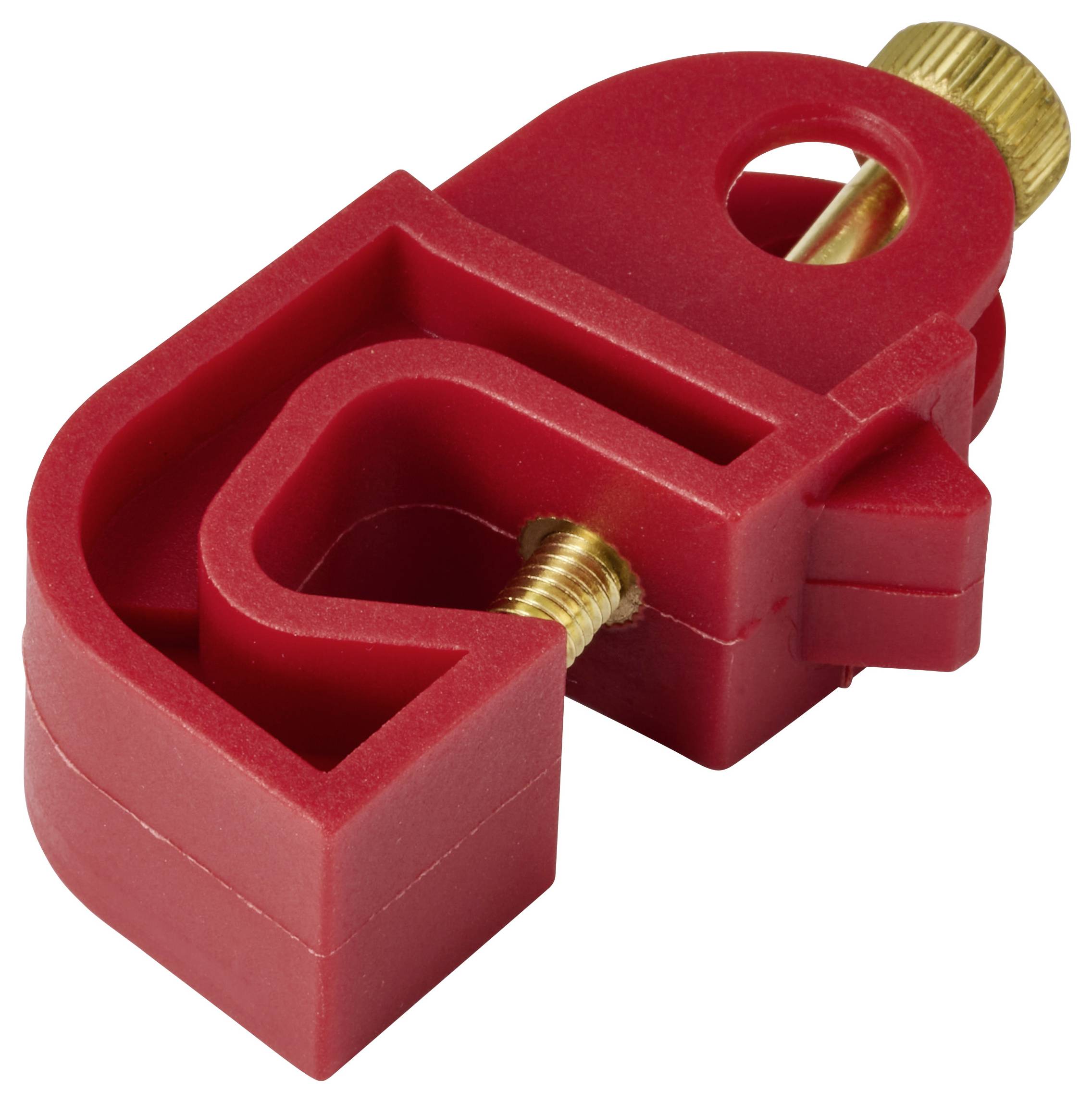 Eine rote Plastikklemme mit einer Metallschraube, wahrscheinlich zum Befestigen von Materialien verwendet. Das Design weist eine offene rechteckige Form auf.