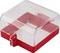 Eine transparente Kunststoffbox mit rotem Gehäuse, wahrscheinlich für sicheres Verschließen gedacht, mit Scharnier und sichtbarer Befestigungshardware zum Anbringen an Oberflächen.