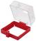Ein transparenter Kunststoffgehäuse mit einer roten Basis und einem offenen Deckel, der zwei Befestigungslöcher zur Installation aufweist und für die Aufnahme eines elektrischen Geräts konzipiert ist.