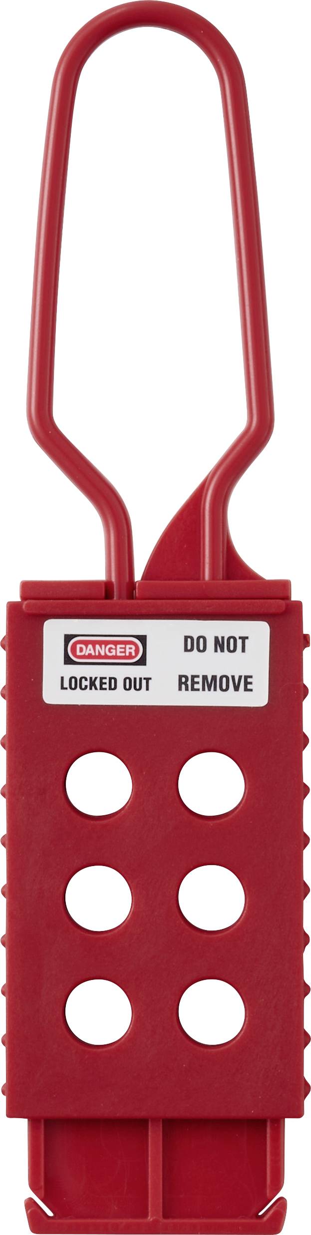 Rote Sperrhasp mit sechs Sperrbohrungen, beschriftet mit „Gefahr Gesperrt" und „Nicht Entfernen". Wird zur Sicherheit während Wartungsarbeiten verwendet.