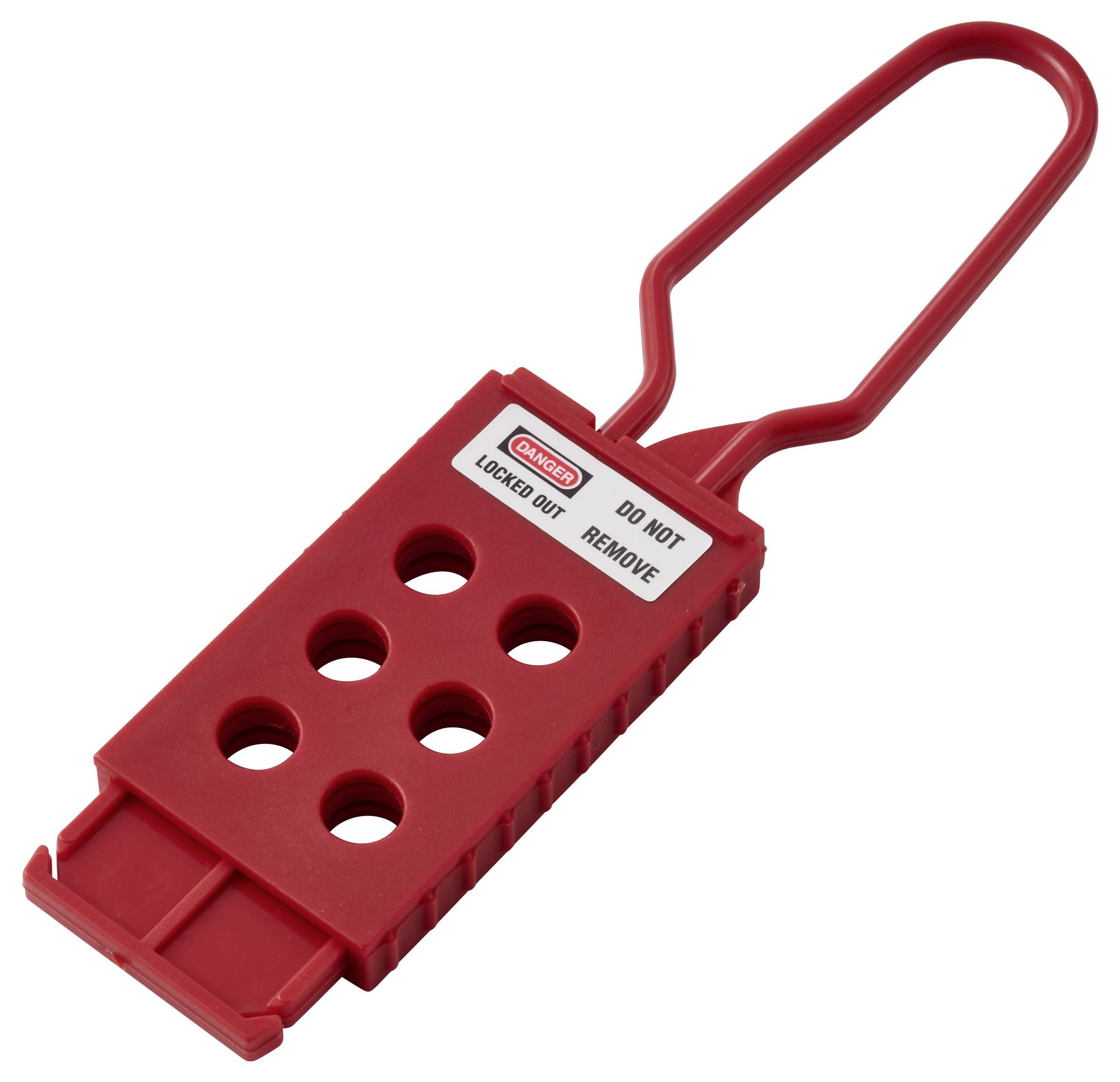 Rote Ausschlusssperre mit sechs Löchern und einem Warnschild mit der Aufschrift NICHT ENTFERNEN.