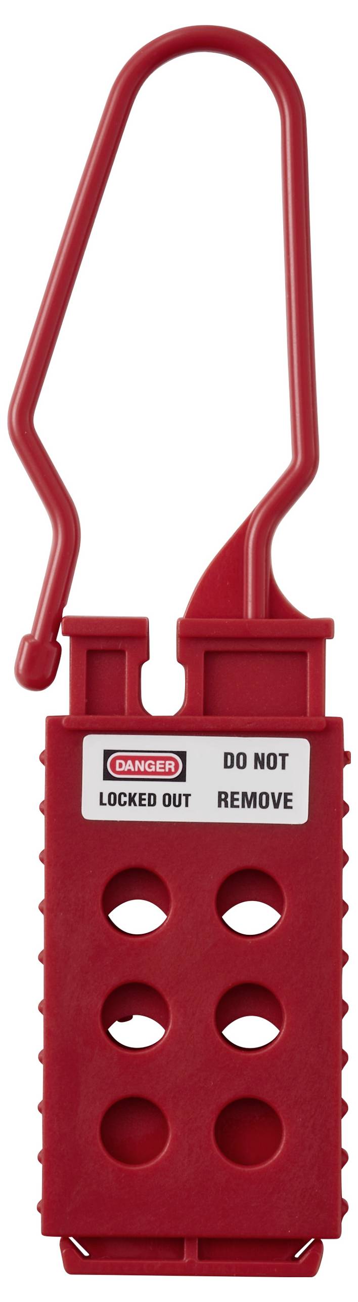 Rotes Sperrelement mit mehreren Löchern, versehen mit einer Beschriftung: "Gefahr - Gesperrt - Nicht Entfernen."