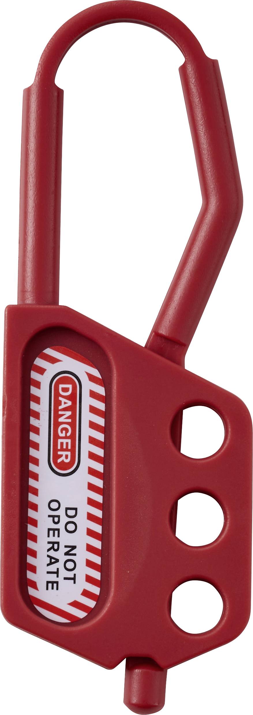 Rote Sicherheits-Sperrvorrichtung mit einem Etikett, auf dem "Gefahr - Nicht bedienen" steht. Entwickelt, um zu verhindern, dass Maschinen während Wartungsarbeiten in Betrieb genommen werden.